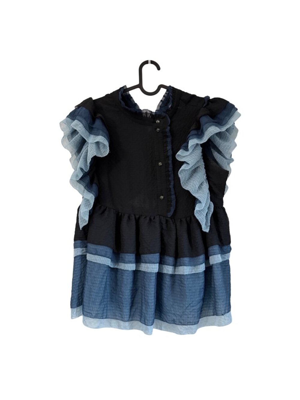 Munthe Blue Layered Ruffle Open Back Sheer Blouse Womens Small 36